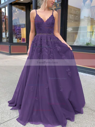 A-line V-neck Tulle Sweep Train Appliques Lace Prom Dresses #Favs020106787