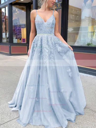 A-line V-neck Tulle Sweep Train Appliques Lace Prom Dresses #Favs020106787