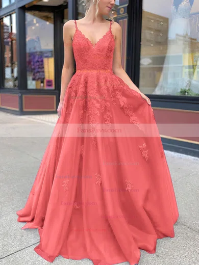 A-line V-neck Tulle Sweep Train Appliques Lace Prom Dresses #Favs020106787