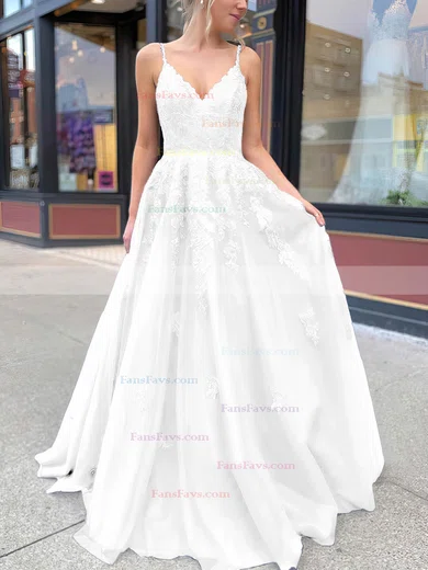 A-line V-neck Tulle Sweep Train Appliques Lace Prom Dresses #Favs020106787