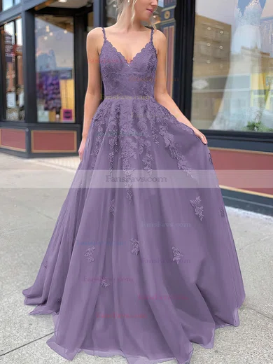 A-line V-neck Tulle Sweep Train Appliques Lace Prom Dresses #Favs020106787