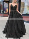 A-line V-neck Tulle Sweep Train Appliques Lace Prom Dresses #Favs020106787
