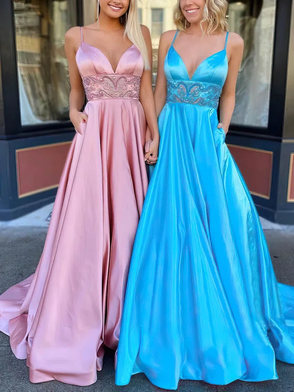 A-line V-neck Satin Sweep Train Beading Prom Dresses #Favs020106795