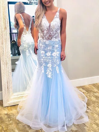 Trumpet/Mermaid V-neck Tulle Floor-length Appliques Lace Prom Dresses #Favs020106798 Trumpet/Mermaid V-neck Tulle Floor-length Appliques Lace Prom Dresses #Favs020106798