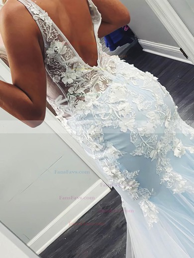 Trumpet/Mermaid V-neck Tulle Floor-length Appliques Lace Prom Dresses #Favs020106798