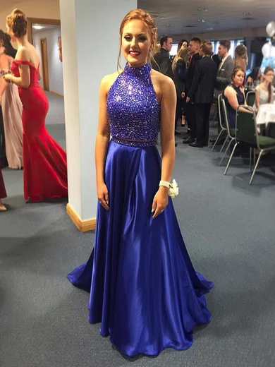 A-line High Neck Satin Sweep Train Beading Prom Dresses #Favs020103284