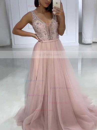 A-line V-neck Tulle Sweep Train Beading Prom Dresses #Favs020106817