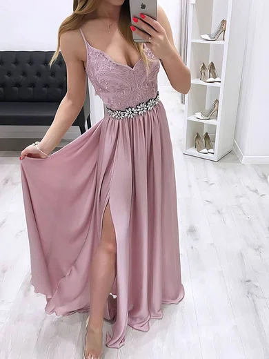 A-line V-neck Silk-like Satin Sweep Train Beading Prom Dresses #Favs020106820