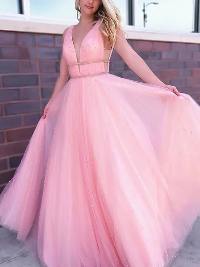A-line V-neck Tulle Floor-length Beading Prom Dresses #Favs020106828