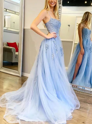 A-line Square Neckline Tulle Sweep Train Appliques Lace Prom Dresses #Favs020106840 A-line Square Neckline Tulle Sweep Train Appliques Lace Prom Dresses #Favs020106840