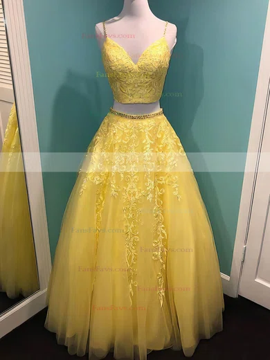 Ball Gown V-neck Tulle Sweep Train Beading Prom Dresses #Favs020106841