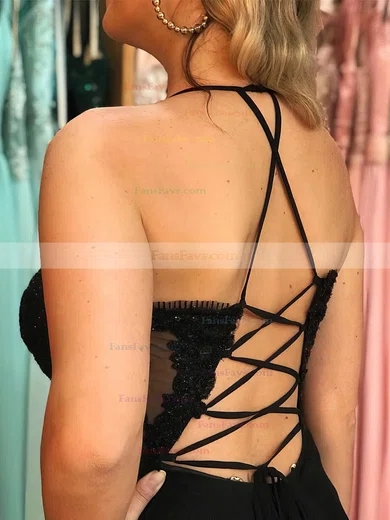 A-line V-neck Chiffon Sweep Train Beading Prom Dresses #Favs020106844