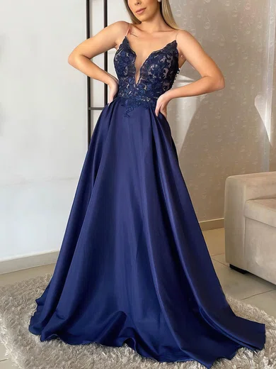 A-line V-neck Silk-like Satin Sweep Train Beading Prom Dresses #Favs020106859