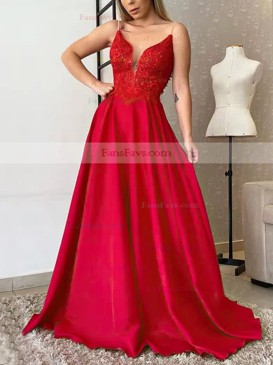 A-line V-neck Silk-like Satin Sweep Train Beading Prom Dresses #Favs020106859
