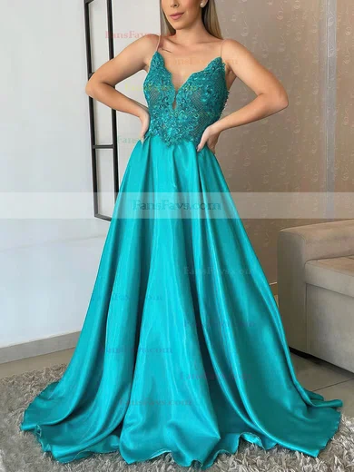 A-line V-neck Silk-like Satin Sweep Train Beading Prom Dresses #Favs020106859