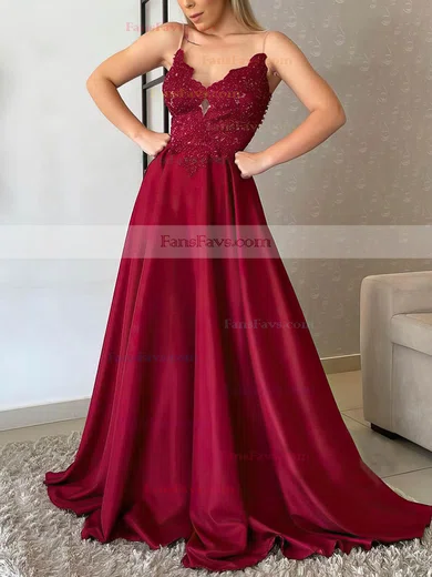 A-line V-neck Silk-like Satin Sweep Train Beading Prom Dresses #Favs020106859
