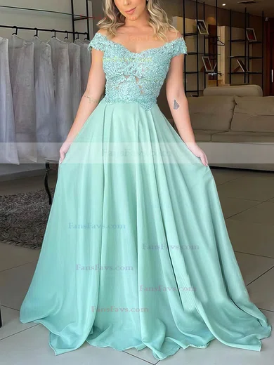 A-line Off-the-shoulder Chiffon Sweep Train Beading Prom Dresses #Favs020106860