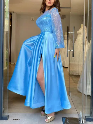 A-line Scoop Neck Satin Ankle-length Split Front Prom Dresses #Favs020106862 A-line Scoop Neck Satin Ankle-length Split Front Prom Dresses #Favs020106862