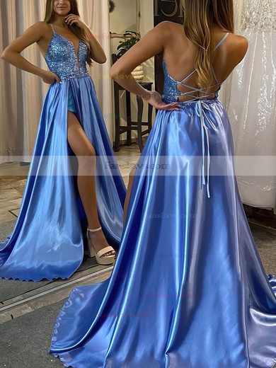 A-line V-neck Silk-like Satin Sweep Train Beading Prom Dresses #Favs020106864