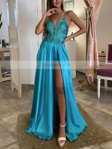 A-line V-neck Silk-like Satin Sweep Train Beading Prom Dresses #Favs020106864