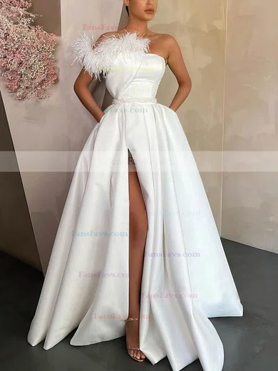 A-line Strapless Satin Sweep Train Sashes / Ribbons Prom Dresses #Favs020106878