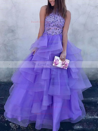 Ball Gown High Neck Organza Floor-length Appliques Lace Prom Dresses #Favs020106882