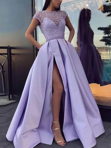 Ball Gown Scoop Neck Satin Sweep Train Beading Prom Dresses #Favs020106885