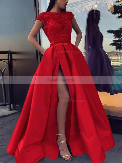 Ball Gown Scoop Neck Satin Sweep Train Beading Prom Dresses #Favs020106885