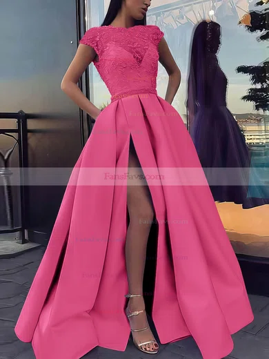 Ball Gown Scoop Neck Satin Sweep Train Beading Prom Dresses #Favs020106885