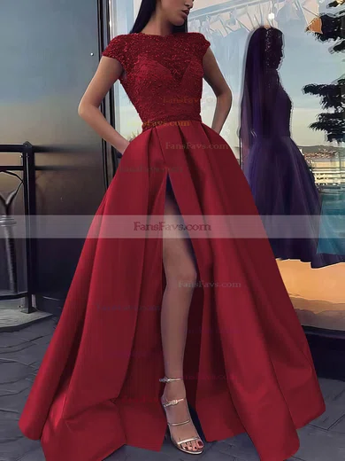 Ball Gown Scoop Neck Satin Sweep Train Beading Prom Dresses #Favs020106885