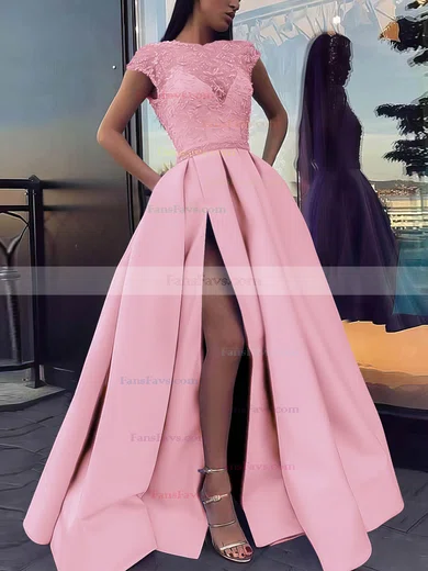 Ball Gown Scoop Neck Satin Sweep Train Beading Prom Dresses #Favs020106885