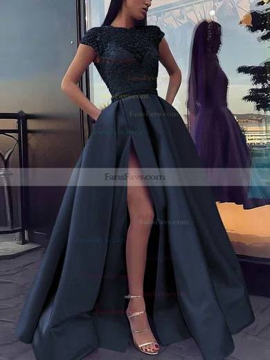 Ball Gown Scoop Neck Satin Sweep Train Beading Prom Dresses #Favs020106885