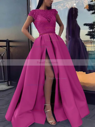 Ball Gown Scoop Neck Satin Sweep Train Beading Prom Dresses #Favs020106885