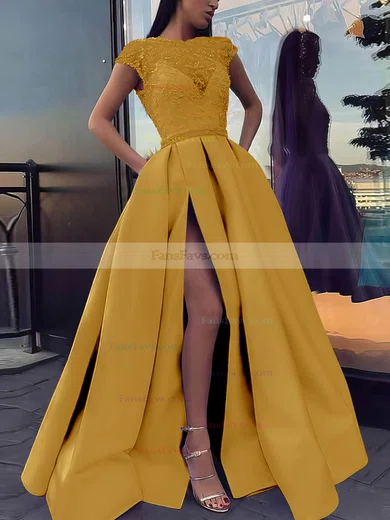 Ball Gown Scoop Neck Satin Sweep Train Beading Prom Dresses #Favs020106885
