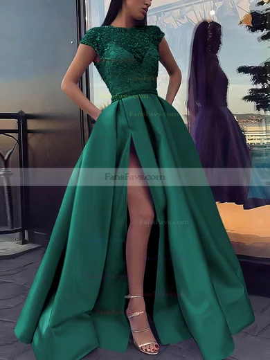 Ball Gown Scoop Neck Satin Sweep Train Beading Prom Dresses #Favs020106885