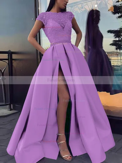 Ball Gown Scoop Neck Satin Sweep Train Beading Prom Dresses #Favs020106885
