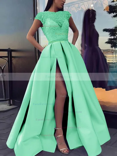 Ball Gown Scoop Neck Satin Sweep Train Beading Prom Dresses #Favs020106885