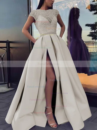Ball Gown Scoop Neck Satin Sweep Train Beading Prom Dresses #Favs020106885