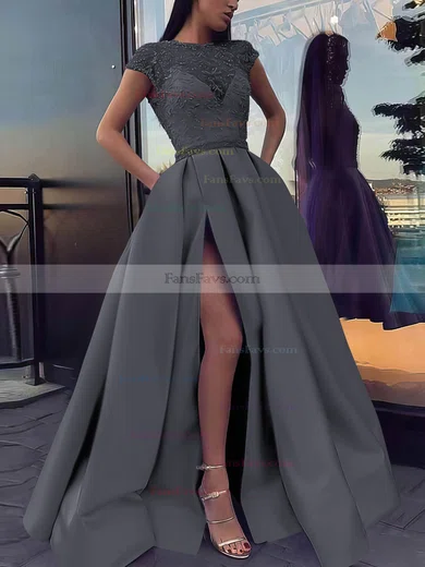 Ball Gown Scoop Neck Satin Sweep Train Beading Prom Dresses #Favs020106885