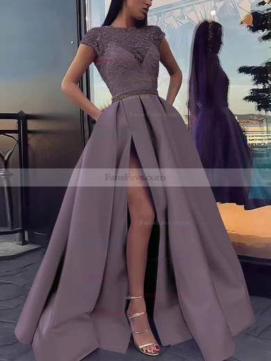 Ball Gown Scoop Neck Satin Sweep Train Beading Prom Dresses #Favs020106885