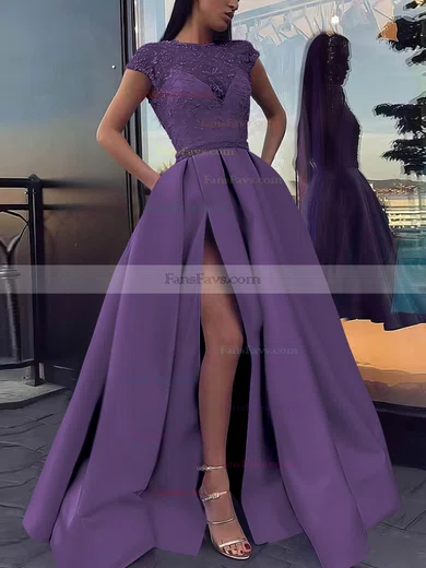Ball Gown Scoop Neck Satin Sweep Train Beading Prom Dresses #Favs020106885