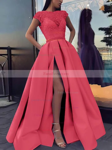 Ball Gown Scoop Neck Satin Sweep Train Beading Prom Dresses #Favs020106885