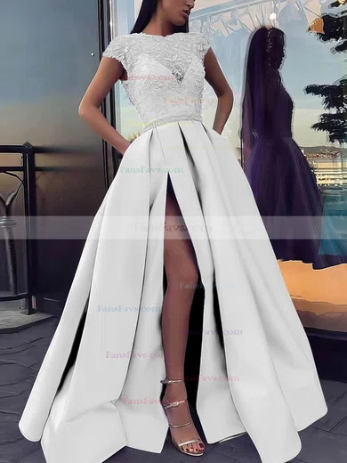Ball Gown Scoop Neck Satin Sweep Train Beading Prom Dresses #Favs020106885