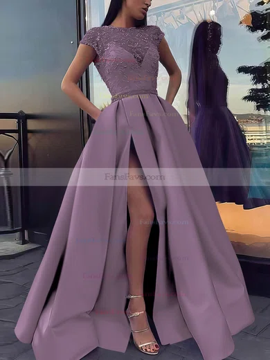Ball Gown Scoop Neck Satin Sweep Train Beading Prom Dresses #Favs020106885