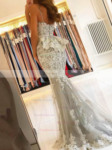 Trumpet/Mermaid Sweetheart Tulle Sweep Train Appliques Lace Prom Dresses #Favs020106914