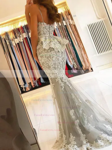 Trumpet/Mermaid Sweetheart Tulle Sweep Train Appliques Lace Prom Dresses #Favs020106914