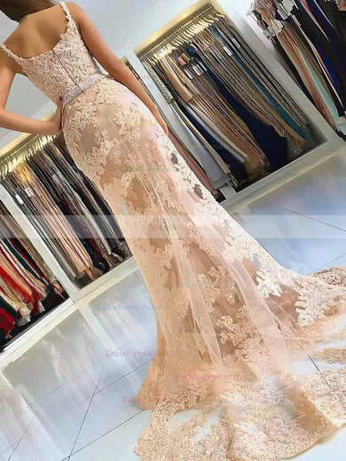 Trumpet/Mermaid V-neck Tulle Sweep Train Beading Prom Dresses #Favs020106922