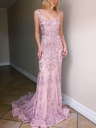 Trumpet/Mermaid Square Neckline Tulle Sweep Train Beading Prom Dresses #Favs020106924 Trumpet/Mermaid Square Neckline Tulle Sweep Train Beading Prom Dresses #Favs020106924