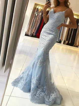 Trumpet/Mermaid V-neck Tulle Sweep Train Beading Prom Dresses #Favs020106927