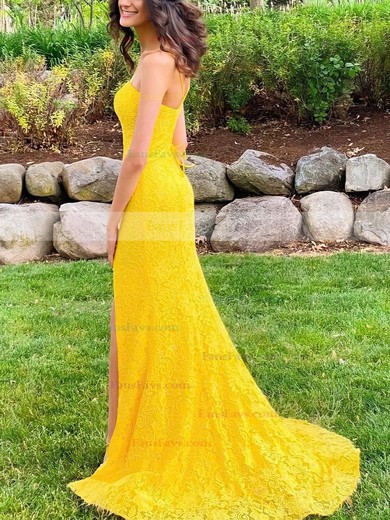 Trumpet/Mermaid Square Neckline Lace Sweep Train Split Front Prom Dresses #Favs020106644